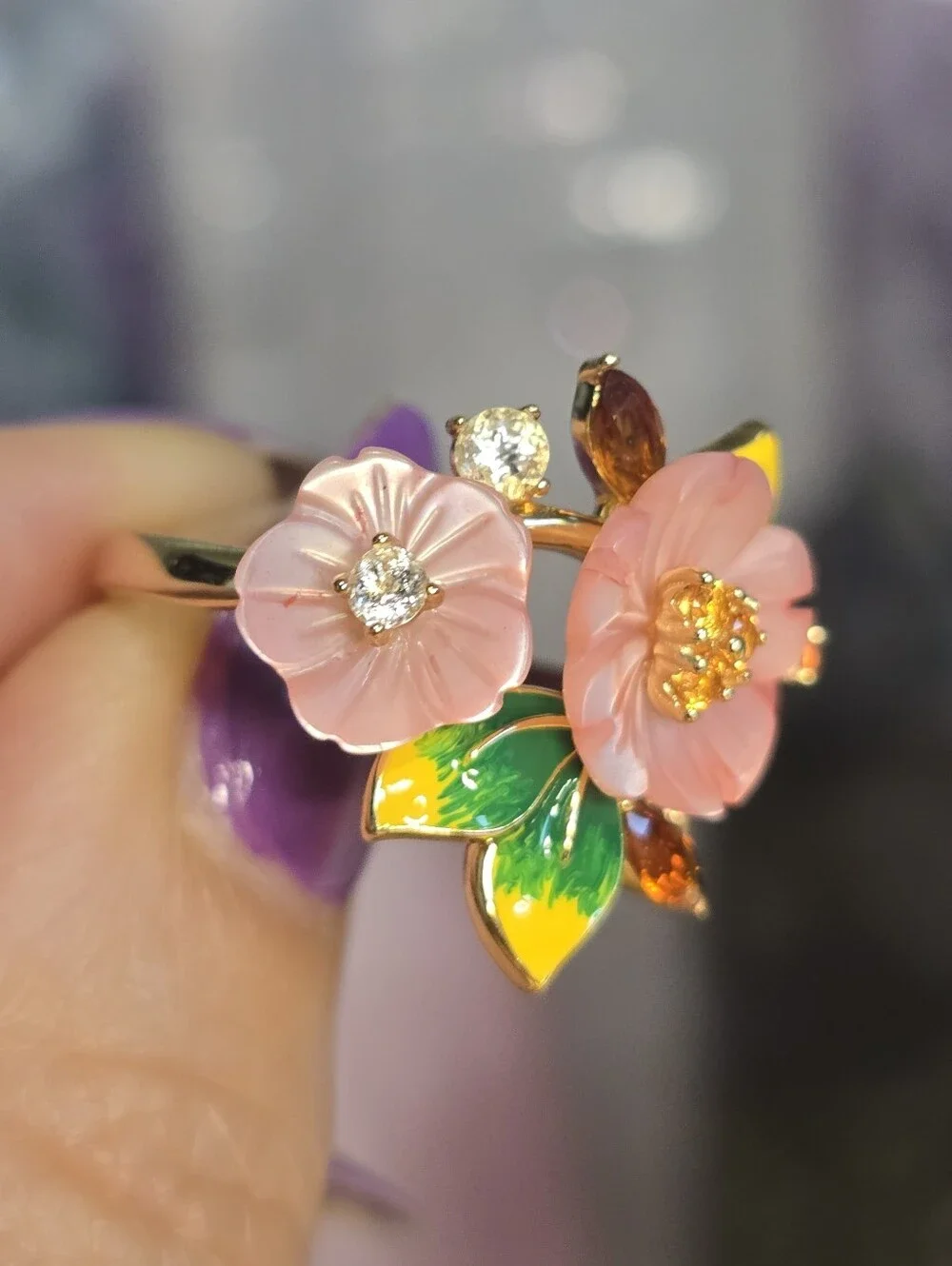 Pink Mother of Pearl Citrine White Sapphire Enamel Floral Ring Size 8.5